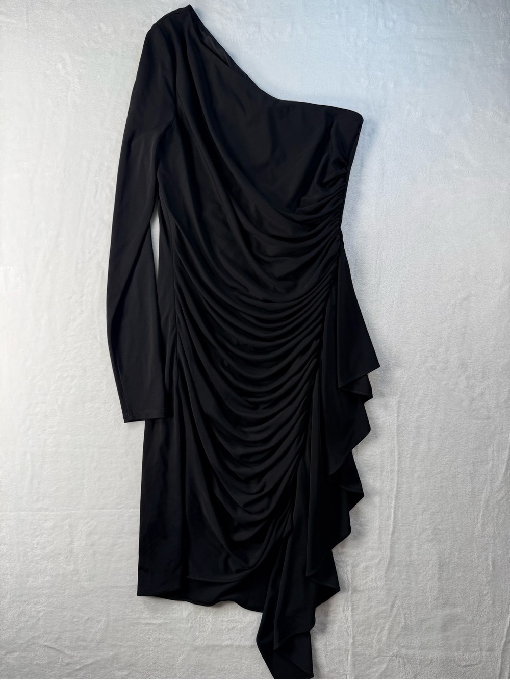 Halston Lori One Shoulder Jersey Dress Black Ruched Cocktail NWT Size 8
